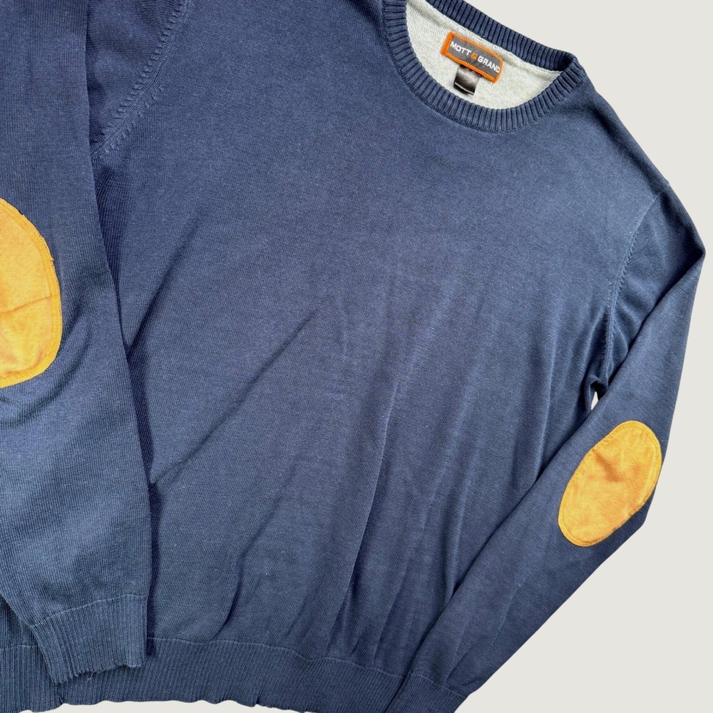 Mott & Grand‎ Sweater Men XL Navy Elbow Patch Crew Neck Pullover Academic Preppy